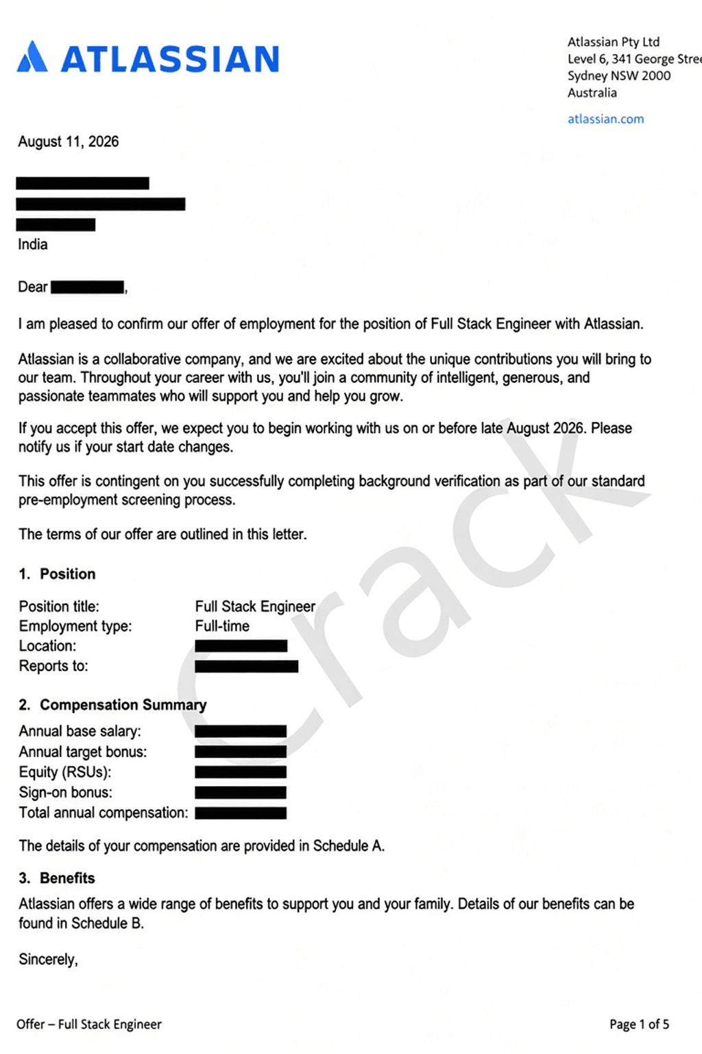 Atlassian Full Stack Engineer offer letter
