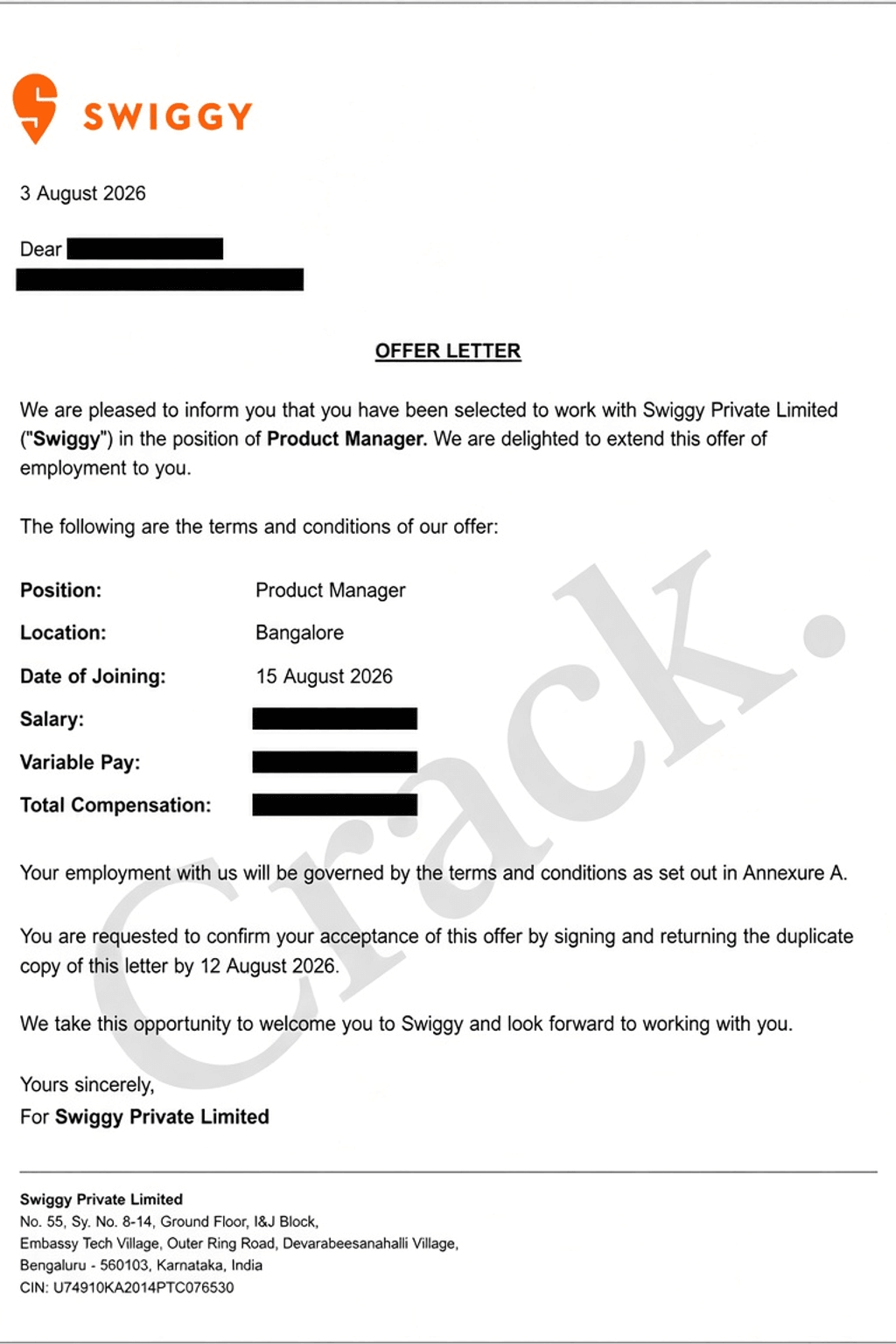 Swiggy Product Manager offer letter